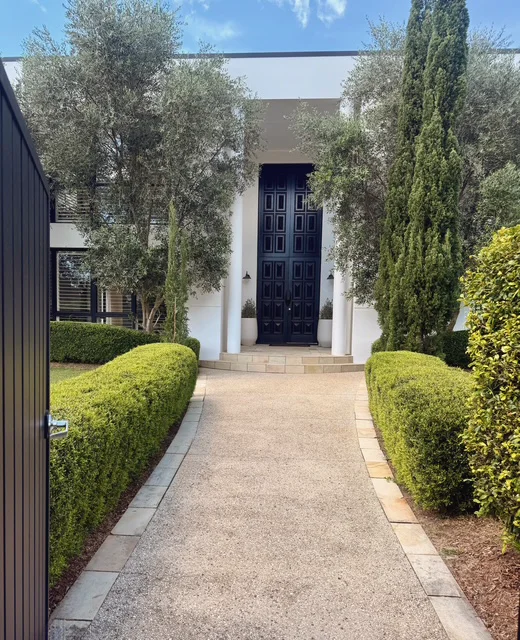Exposed aggregate entry path edged in sandstone between clipped hedges, olive trees and pencil pines
